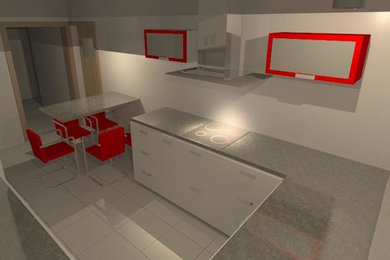Inspiration for a mid-sized modern u-shaped porcelain tile eat-in kitchen remodel in Other with an undermount sink, red cabinets, granite countertops, white backsplash, ceramic backsplash, stainless steel appliances and a peninsula