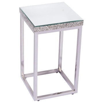 Contemporary End Table, Beveled Design With Thick Mirrored Top, Silver, Small