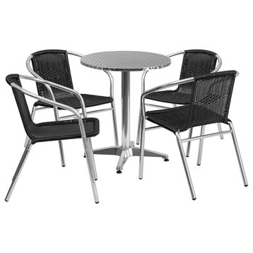 23.5" Round Aluminum Indoor-Outdoor Table With 4 Black Rattan Chairs