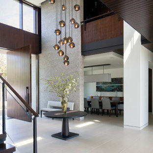 Esempio di un ampio ingresso design con pareti bianche, pavimento in gres porcellanato, una porta a pivot, una porta in legno scuro e pavimento grigio