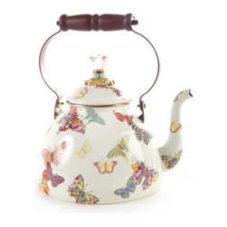 Butterfly Garden Enamel 3 Quart Tea Kettle - White | MacKenzie-Childs - Kettles