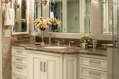 Inspiration for a traditional bathroom in San Francisco with an undermount sink, raised-panel cabinets and white cabinets.