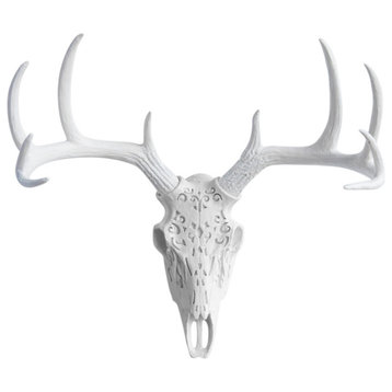 Faux Deer Skull Native American Carving Wall Decor, Flat White