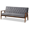 Sorrento Gray Velvet Fabric Upholstered Walnut Finished Wooden 3-seater Sofa