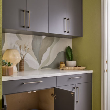 Hidden Litter Box Cabinet in Drop Zone with Artistic Petals Wallpaper