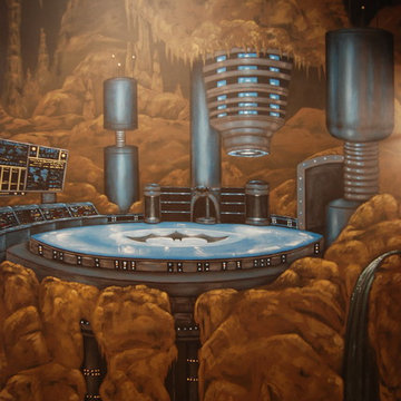 The Bat Cave Themed Mural in a stairway and lower level by Tom Taylor