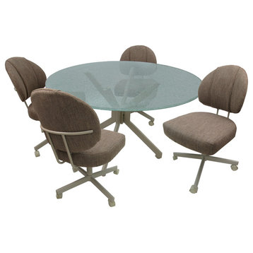 Glass Dinette Set with Swivel Caster Chairs B Beige, Beige, Crackle Glass