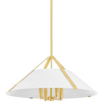 Hudson Valley Lighting - Raymond 4 Light Pendant, Aged Brass/Soft White - Details, particularly with the metalwork, make this classic cone pendant feel fresh and tailored. Slender strips of Aged Brass with rivet-like machined details belt the shade and create the illusion that the form is closed at the top. Only the metal base of the candelabra shows beneath the Soft Black or Soft White shade, keeping with the design's clean, refined look.