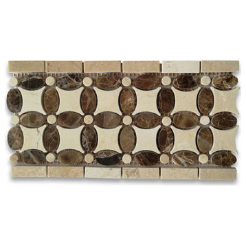 Emperador Dark Brown Marble Flower Mosaic Border Listello Tile, 1 sheet
