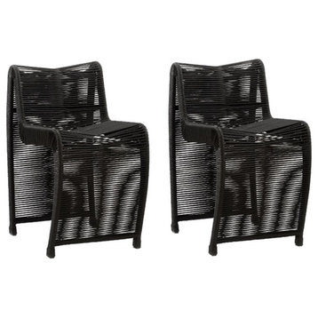 Bowery Hill Metal & Rope Outdoor Patio Counter Stool in Black (Set of 2)
