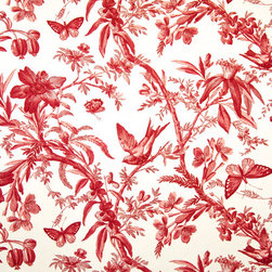 Red toile fabric bird butterfly passion flowers - Fabric