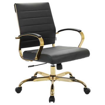 LeisureMod Benmar Mid-Back Swivel Leather Office Chair With Gold Base, Black