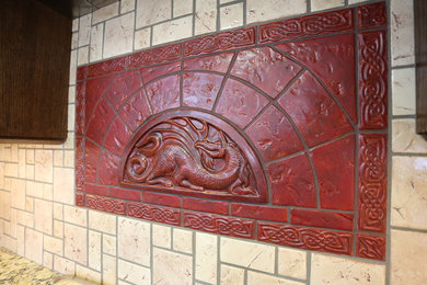 Inspiration for a mid-sized asian l-shaped kitchen remodel in Calgary with ceramic backsplash and beige backsplash