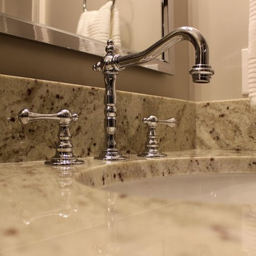 Transitional Bathroom with Black Vanity Cabinets & Polished Chrome Fixtures