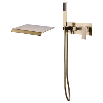 Wall Mounted Pressure Balanced Roman Tub Faucet with Hand Shower, Brushed Gold