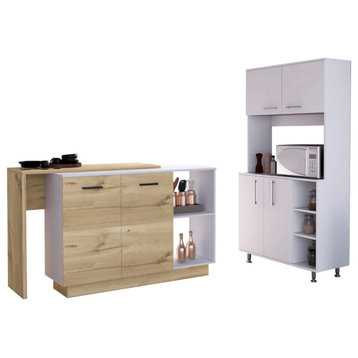 Quebec 2-Piece Kitchen Set,  Kitchen Island & Pantry Cabinet, White/Light Oak