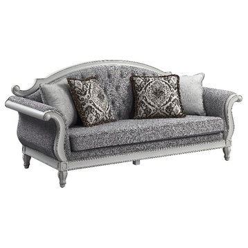 Pemberly Row Tufted Fabric Sofa with 4 Pillows in Gray/Antique White