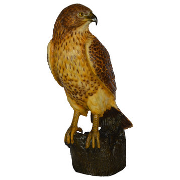Hawk Bronze Statue standing on Stump on Marble -  Size: 12"L x 15"W x 29"H.