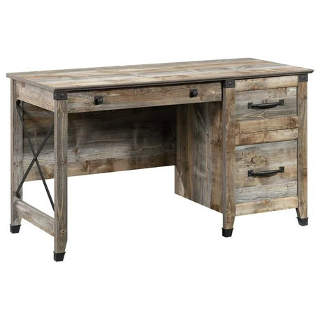 Farmhouse Desk, Wood Top With Lower Storage Drawer & Metal Handles, Rustic Cedar