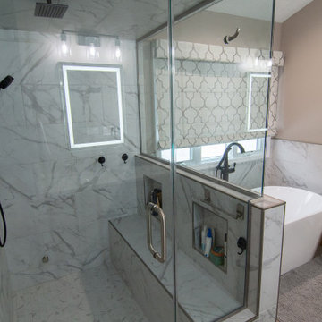 Traditional Master Bathroom With Warm Tones, Stand Alone Tub & Walk In Shower