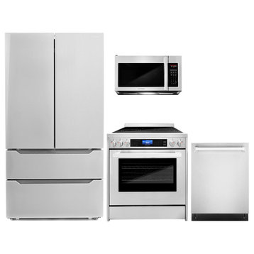 4-Piece, 30" Microwave, 30" Electric Range, Dishwasher and Refrigerator