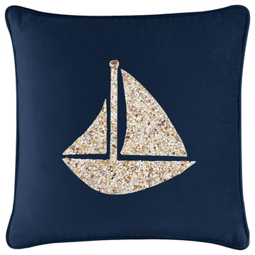 Sparkles Home Shell Sailboat Pillow, Navy Velvet, 20x20