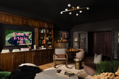 Example of a mid-sized trendy enclosed medium tone wood floor family room design in Dallas with a bar, no fireplace and no tv