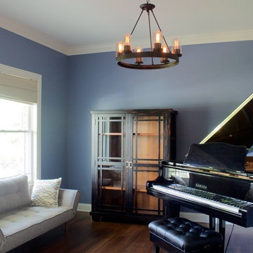 Piano Room with Edison Bulb Chandelier, sconces ft. Nearly Natural Phalaenopsis