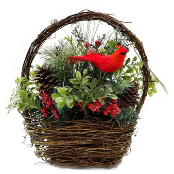 12" Red Cardinal, Berries and Foliage in Twig Basket Christmas Decoration