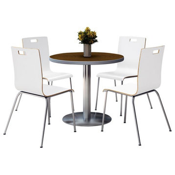 KFI Round 36" Pedestal Table - 4 White Stacking Chairs - Walnut Top