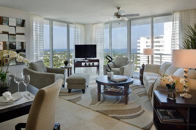 Living room - mid-sized contemporary open concept ceramic tile and beige floor living room idea in Miami with white walls, no fireplace and a tv stand