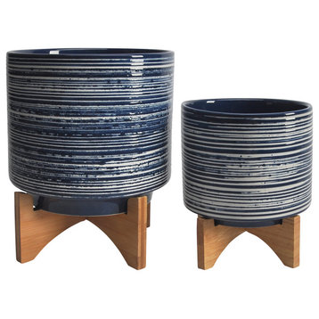 Ceramic 2-Piece Set, 8" and 10" Planter On Stand, Blue