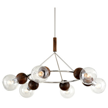 Arlo 6 Light Chandelier - Polished Stainless Steel and Natural Acacia Finish