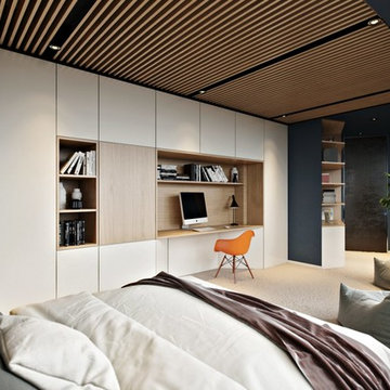 Modern Bedroom Interior with the Space Spirit. 3D Rendering
