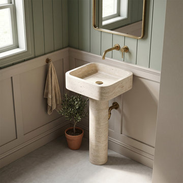 Troia Light Travertine Pedestal Sink - 15" x 16" x 33.5"