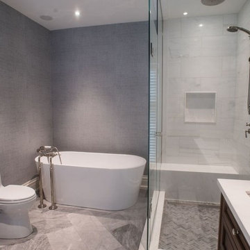 Modern Master Bathroom Renovation, Marble Floor and Wall,  Chevron Pattern, Buil