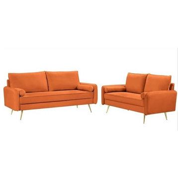 Modern Sofa & Loveseat Set, Sleek Golden Legs With Velvet Seat, Orange