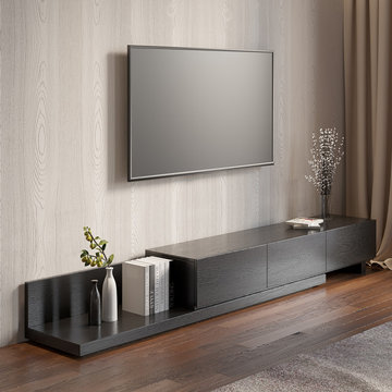 Rectangle Wood Extendable TV Stand Black and Walnut Media Console with 3-Drawer