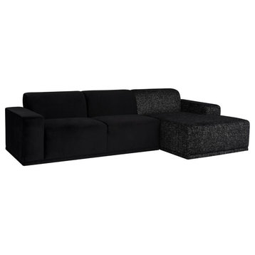 Nuevo Leo Sectional, Black Velour Sofa/Salt & Pepper Chaise, Chaise on Right