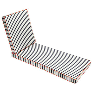 Outdoor Chaise Lounge Cushion, Hinged Design With Indigo Striped Sunbrella Cover