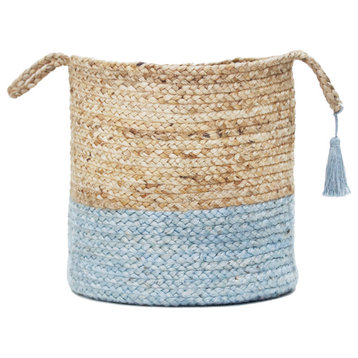 Two-Tone Natural Jute Woven Decorative Basket with Handles, Light Blue, 19"