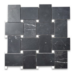 Stone Center Online - Nero Marquina Black Marble Basketweave Mosaic Tile White Dots Honed, 1 sheet - Mosaic Tile