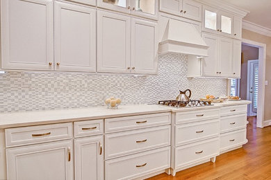 Kitchen - large contemporary galley medium tone wood floor kitchen idea in Charlotte with an undermount sink, beaded inset cabinets, white cabinets, quartz countertops, multicolored backsplash, mosaic tile backsplash, stainless steel appliances and a peninsula