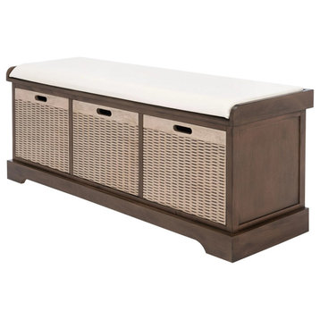 Contemporary Storage Bench, Cushioned Seat & 3 Baskets Drawers, Brown