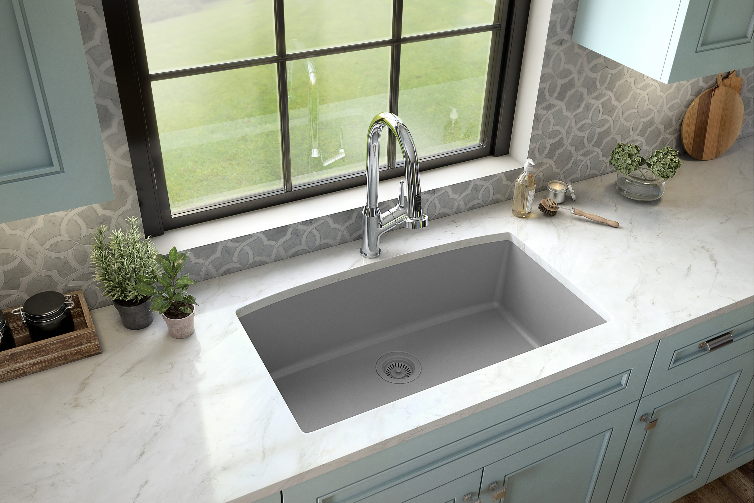 Karran Undermount Quartz 32" Single Bowl Kitchen Sink Kit, Grey