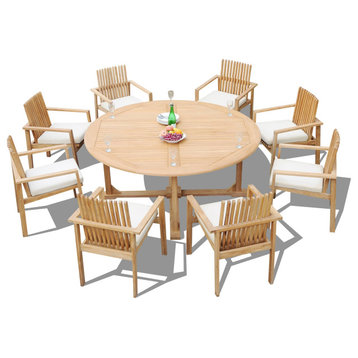 9-Piece Outdoor Teak Dining Set: 72" Round Table, 8 Clip Stacking Arm Chairs