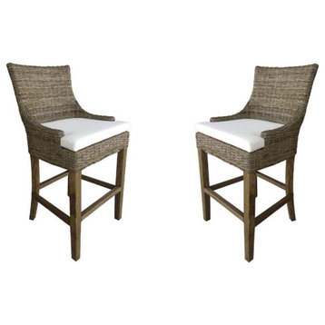 Home Square Rattan and Wood Barstool in Kubu Gray - Set of 2