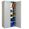 Contemporary Large Storage Cabinet, Doors With Bar Metal Handles, Light Gray