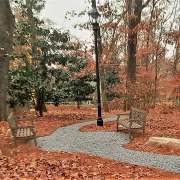 Slate Chip Path & Seating Area, Wooden Benches, Ornamental Mossy Boulders