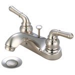 Olympia Faucets - Accent Two Handle Bathroom Faucet, PVD Brushed Nickel - Two Handle Lavatory Faucet Lever Handles 4-1/8" Reach, 1-3/4" From Deck to Aerator Washerless Cartridge Operation 3-Hole 4" Installation Brass Pop-Up Drain Assembly With 1.5 GPM Flow Rate